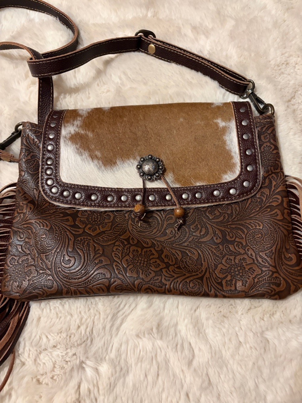 Myra Bag Craved Blossoms Leather Brown & White Hairon Cowhide Flap Crossbody - Picture 3 of 12